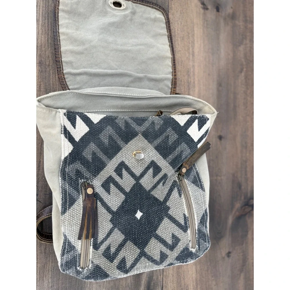 Myra Bag Felicity Backpack Upcycled Canvas Leather Rug Backpack Brown Tan